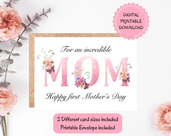 First Mother's Day Printable Card | DIGITAL DOWNLOAD | Happy 1st Mother's Day Card, Floral Letters Greeting Card With Printable Envelope