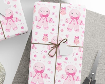 Pink Gingerbread Man Wrapping Paper, Girl Christmas Gift Wrap
