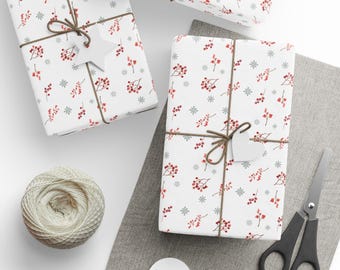 Red Berries and Snowflakes Winter Wrapping Paper: Nordic Hygge Christmas Gift Wrap