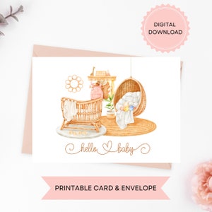 Tarjeta imprimible de "Hola Bebé", con acuarela, para recién nacidos, en tonos neutros, para niña o niño, con texto en inglés "Cumpleaños", descarga digital, sobre imprimible incluido.
