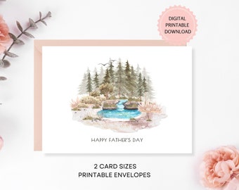 Carte imprimable Happy Father's Day, téléchargement numérique, carte aquarelle d'extérieur pour papa, mari, fils, beau-père, enveloppes imprimables incluses