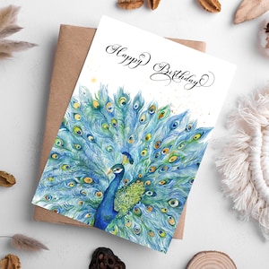 Geburtstagskarte für Sie, Aquarell Pfau mit goldenen Tropfen Grußkarte, DIGITALER DOWNLOAD, druckbarer Umschlag inklusive