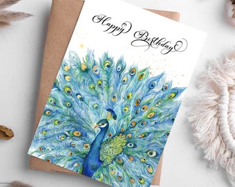 Tarjeta de cumpleaños con pavo real en acuarela: Tarjeta de felicitación imprimible de feliz cumpleaños (descarga digital)