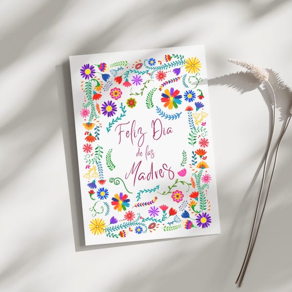 Afdrukbare kaart Feliz Día De Las Madres, Mexicaans geïnspireerde bloemen, Folk Otomi feestelijke felicitatiekaart, fijn moederdagcadeau (pdf-download)