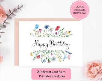 Floral Printable Happy Birthday Card | DIGITAL DOWNLOAD | Watercolor Wild Flowers Frame With Butterflies Birthday Card | Printable Envelope