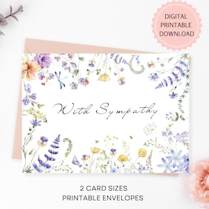 Carte de sympathie imprimable aquarelle, carte de condoléances florale élégante, carte de soutien de petites fleurs sauvages avec enveloppes imprimables, téléchargement numérique