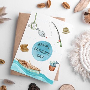 Tarjeta imprimible para el Día del Padre, Tarjeta de pesca para niños, Descarga digital, Tarjeta de acuarela para papá, padrastro, abuelo, Sobres imprimibles
