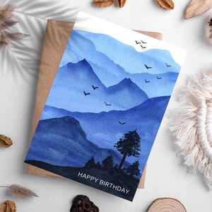 Cartão de aniversário Blue Mountains para impressão para ele, presente de paisagem em aquarela para namorado ou marido, envelope para impressão, DOWNLOAD DIGITAL