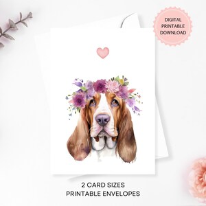Basset Hound Hund druckbare Beileid Karte, Geburtstagskarte, Basset Haustier, digitaler Download, Aquarell Karte mit druckbaren Umschlägen