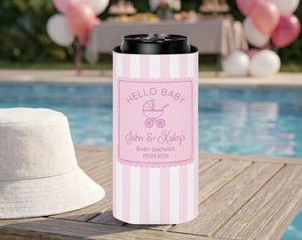Portabevande termici per baby shower, bomboniere personalizzate per passeggino, copribevande personalizzati per bambino, copribevande a righe rosa per bambina con decorazioni di zuccherini