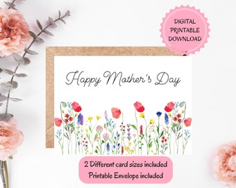 Mother's Day Card, Watercolor Mother's Day Card, Wild Flowers Greeting Card, DIGITAL INSTANT DOWNLOAD, Printable Envelope Included