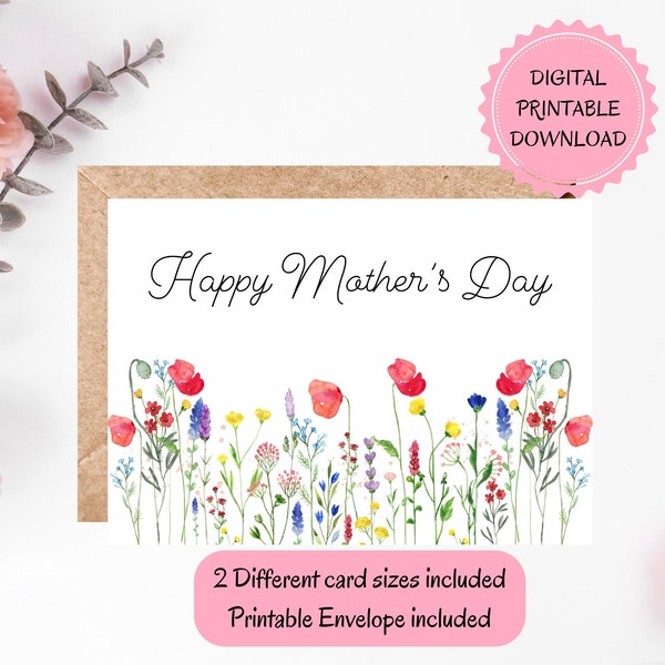 Mother's Day Card, Watercolor Mother's Day Card, Wild Flowers Greeting Card, DIGITAL INSTANT DOWNLOAD, Printable Envelope Included