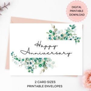 Cartão de feliz aniversário de eucalipto | DOWNLOAD DIGITAL INSTANTÂNEO | Cartão de felicitações elegante com folhas verdes em aquarela, cartões para impressão e envelope