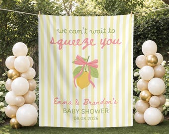 Sfondo per baby shower a tema limone, decorazioni personalizzate per feste "Non vediamo l'ora di stringerti", striscione personalizzato per baby shower a tema agrumi, cartello personalizzato