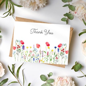 Carte de remerciement imprimable fleurs sauvages, aquarelle coquelicots mariage ou carte d'affaires A7 florale avec enveloppe imprimable, téléchargement numérique