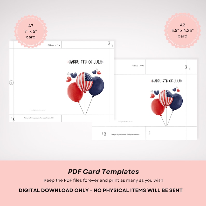 Printable Happy 4th of July Card With Watercolor Balloons and Hearts ...