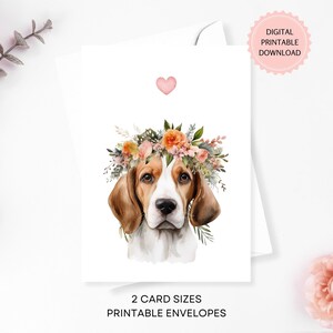 Tarjeta de felicitación de perro beagle, tarjeta de cumpleaños o de condolencias para imprimir, tarjeta en blanco, mascota beagle, descarga digital, tarjeta de acuarela + sobres para imprimir