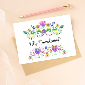 Feliz Cumpleaños Geburtstagskarte, Geburtstagskarte mit Aquarell mexikanische Blumen, druckbare Karte, druckbare Karte, digitaler Download + Bonus druckbare Umschläge