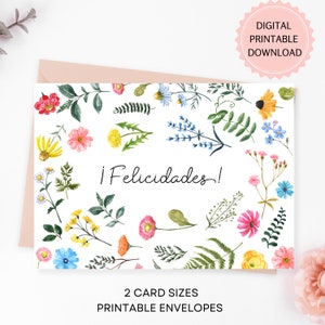 Tarjeta de Felicidades imprimible, tarjeta de felicitación en español con pequeñas flores silvestres en acuarela, descarga digital con sobres imprimibles adicionales.