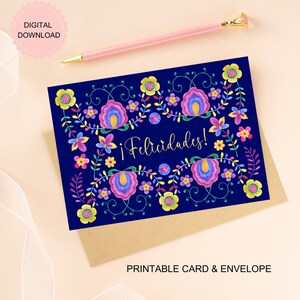 Carte imprimable bleu Felicidades avec fleurs du Mexique latino-américain, félicitations pour vos fiançailles ou votre mariage, téléchargement numérique, enveloppes imprimables incl.