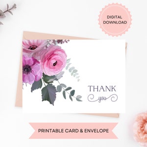Carte de remerciement imprimable florale, aquarelle de fleurs roses délicates pour mariage ou carte de visite A7 avec enveloppe imprimable, téléchargement numérique