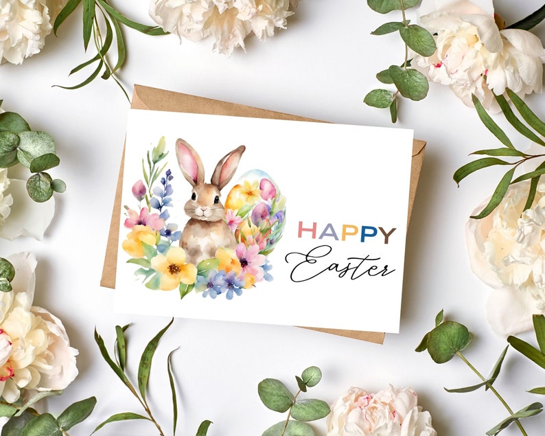 Happy Easter Printable Card DIGITAL DOWNLOAD Printable Easter Bunny Card, Watercolor Easter Greeting Card With Printable Envelope image 9