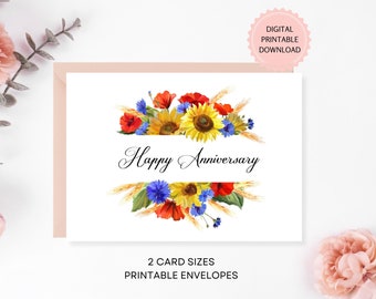 Floral Happy Anniversary Card With Watercolor Sunflowers, DIGITAL DOWNLOAD, Happy Anniversary Card, Printable Card With Printable Envelopes