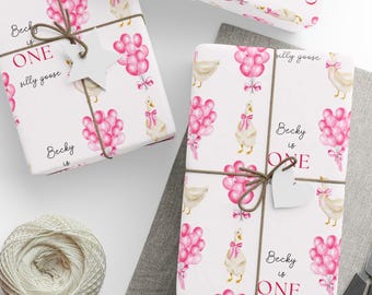 Custom Silly Goose 1st Birthday Wrapping Paper: Pink Geese and Balloons Gift Wrap, Personalized Baby Girl First Birthday Packaging