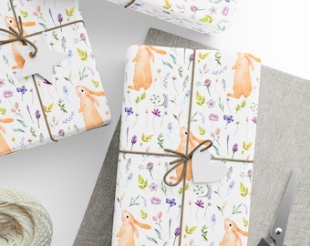 Akvarell kanin omslagspapper i rulle: Vårkanin och vildblommor påskpresentförpackning