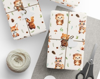 Woodland Creatures Wrapping Paper Roll, Baby Shower Watercolor Forest Animals Gift Wrap