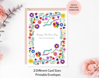 Happy Mother's Day Card, DIGITAL DOWNLOAD, Printable Card For Mom, Watercolor Design With Mexican Folk Art, Printable Envelopes Included