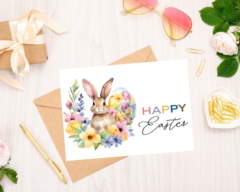 Happy Easter Printable Card DIGITAL DOWNLOAD Printable Easter Bunny Card, Watercolor Easter Greeting Card With Printable Envelope image 8