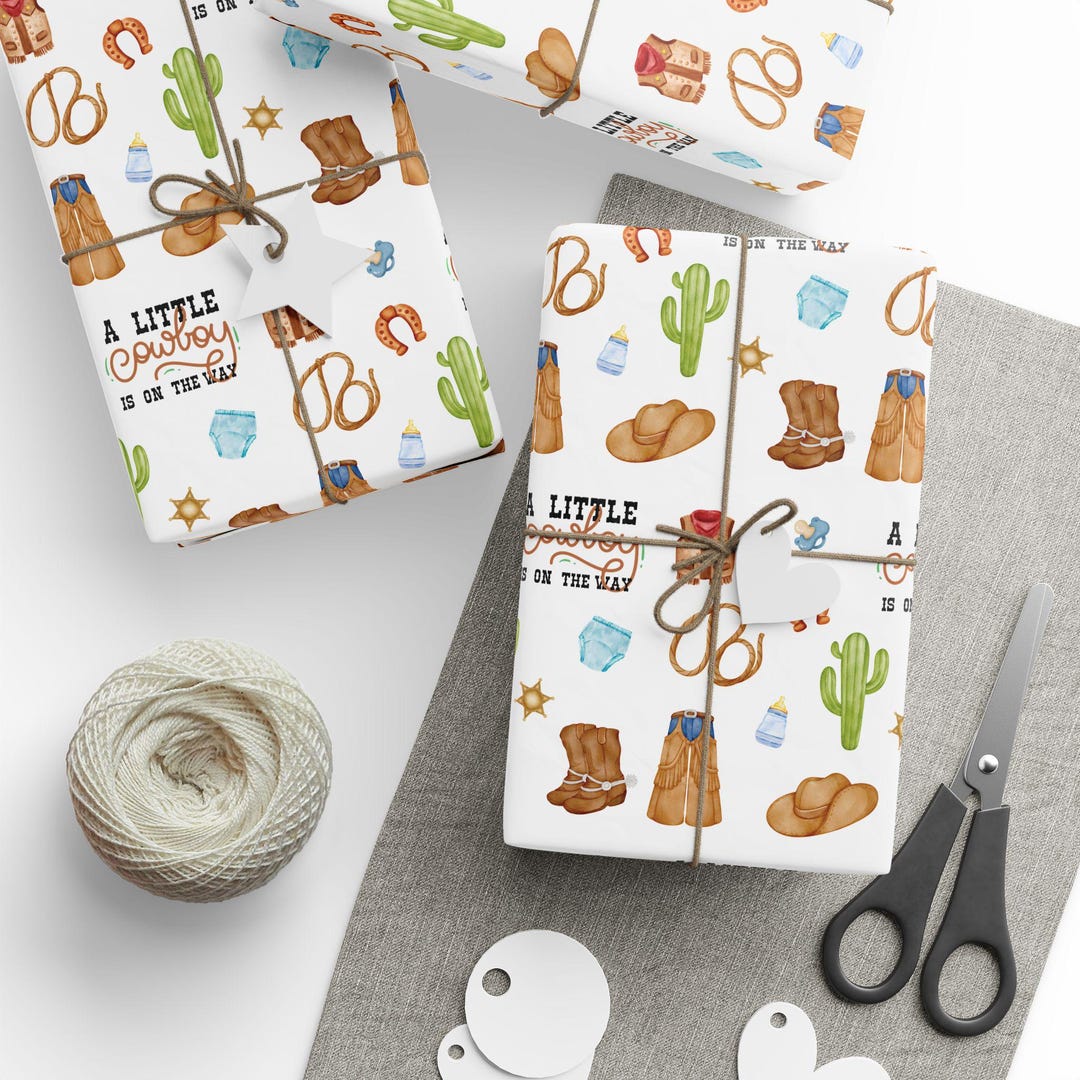 Set Regalo Baby Shower 'A Little Cowboy' – Borsa, Biglietto E Carta Vellina – Tema Western Per Festa Di Benvenuto