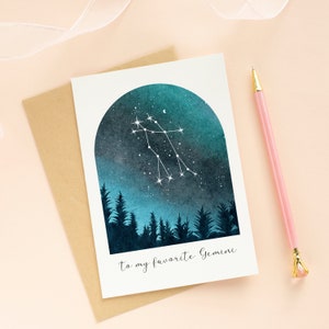 Zwilling Konstellation Sternzeichen Geburtstagskarte, digitaler Download, Aquarell Sternzeichen Karte, Mai Geburtstagskarte mit druckbaren Umschlägen