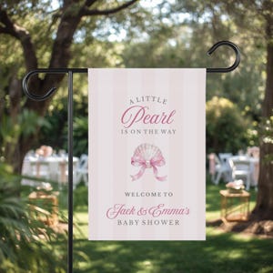 a Little Pearl is on the Way Baby Shower Welcome Yard Flag, Custom She'll Be Here Soon Theme Garden Fabric Sign, Pink Sea Shell Decoration
