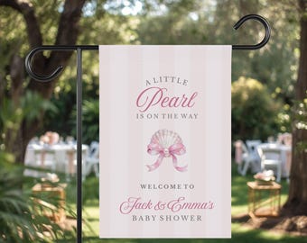 Bandiera di benvenuto per baby shower "Una piccola perla è in arrivo", cartello in tessuto personalizzato a tema "Sarà qui presto", decorazione con conchiglie rosa.