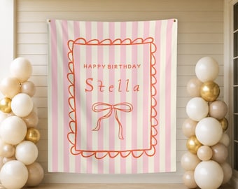 Sfondo personalizzato per il compleanno, decorazioni personalizzate per feste, striscione personalizzato con nome, fiocco arancione e strisce rosa, cartello di benvenuto in tessuto per il 30° compleanno