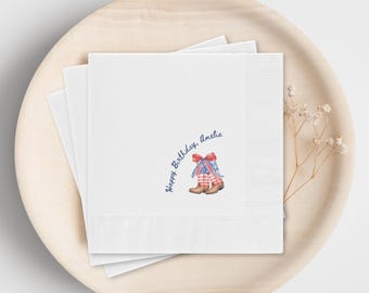 Custom Summer 4th of July Birthday Napkins, Red White and Blue Cowboy Boots Table Decor, Patriotic USA Party Napkins Set of 50 or 100