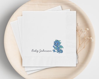 Blue Baby Dragon Party Napkins, Personalized A Little Baby Dragon Is On The Way Party Baby Shower Decor, Gender Neutral Set of 50 or 100