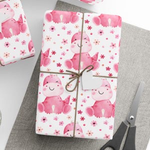 Baby Pink Dinosaur Wrapping Paper Roll, Pink Dino With Watercolor Flowers, Baby Shower Girl Gift Wrap, Gift Packaging Papers For Toddler