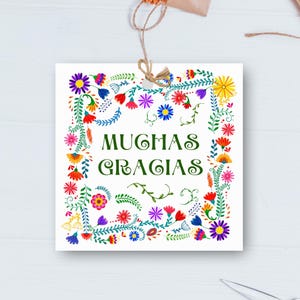 Etichetta regalo stampabile "Muchas Gracias", etichette regalo con fiori messicani acquerellati, etichette regalo, etichette per scatole di biscotti spagnoli, etichetta regalo di ringraziamento messicana