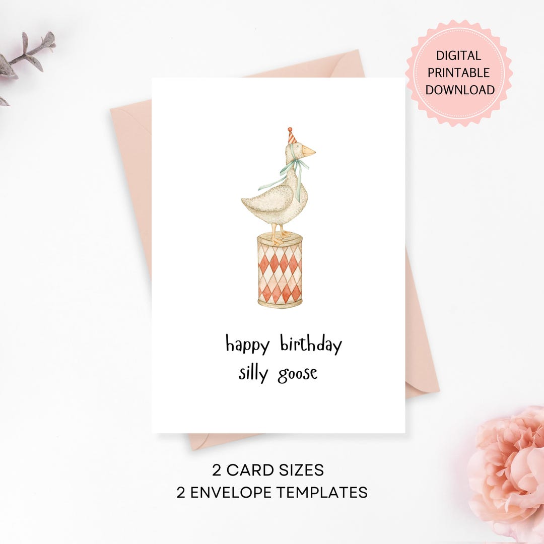 Funny Silly Goose Birthday Card: Watercolor Party Hat (digital Download ...