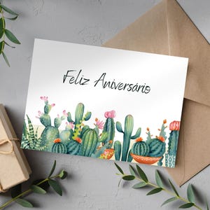 Carte Feliz Aniversário, téléchargement numérique instantané, carte imprimable cactus, carte joyeux anniversaire aquarelle avec enveloppes imprimables