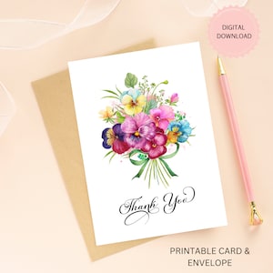 Carte de remerciement imprimable pensées, mariage floral aquarelle, cadeau d'entreprise ou client carte A7 avec enveloppe imprimable, téléchargement numérique