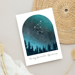 Aquarius Constellation Zodiac Birthday Card, Digital Download, Watercolor Astrological Sign January - February Card With Printable Envelopes