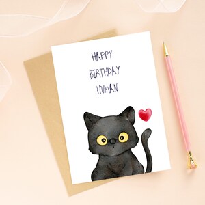 Carte de joyeux anniversaire chat noir, chaton aquarelle avec coeur, jolie carte de félicitations pour amoureux des chats, téléchargement numérique, enveloppes imprimables