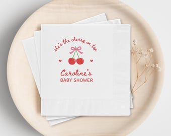 Custom She is the Cherry On Top Baby Shower Napkins, Personalized Cherries Table Decor, Pink Berry Girl, Blue Berry Boy Party Decorations