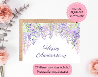 Printable Anniversary Card | DIGITAL INSTANT DOWNLOAD | Happy Anniversary Card, Wisteria Floral Printable Card With Printable Envelope