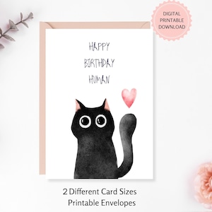 Schwarze Katze Geburtstagskarte, Aquarell Design, süße Glückwunschkarte für Katzenliebhaber, digitaler Download, druckbare Umschläge inklusive