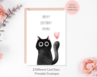 Black Cat Birthday Card, DIGITAL DOWNLOAD, Watercolor Design, Congratulations Card For Cat Lover, Printable Envelopes Included